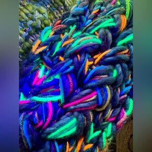 Hand-knit beanie: Malabrigo, Noro, sequins, UV-reactive neon. One-of-a-kind!